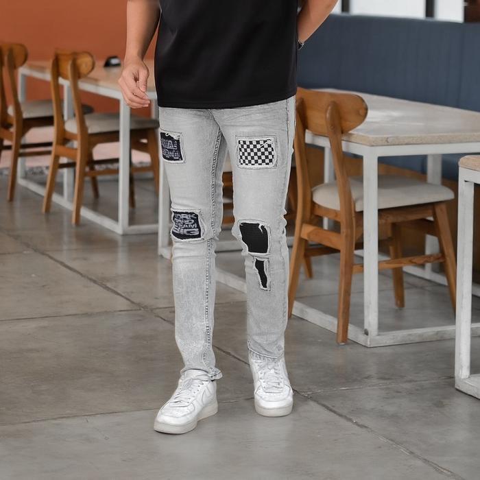 Celana Skinny Jeans Cowo Stretch Ripped Catur Snow Grey Dan Snow Black Bahan Denim Stretch Double