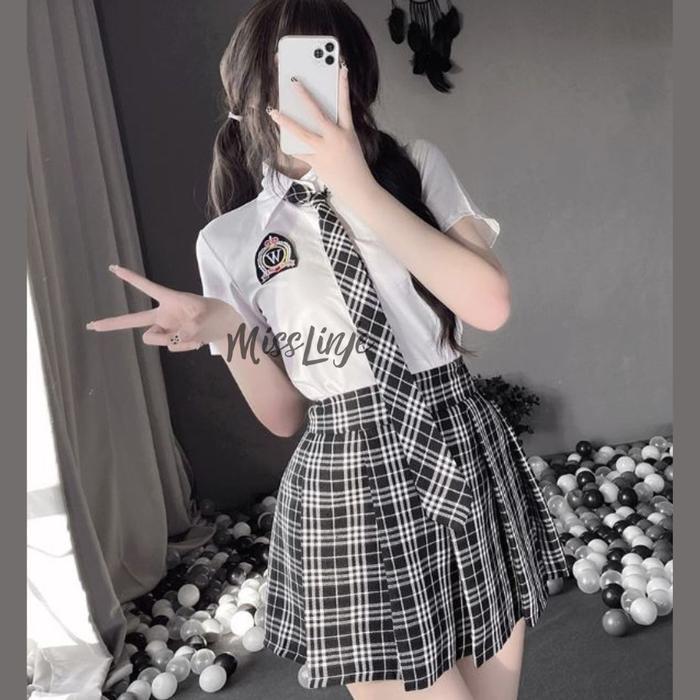Baju Lingerie Cosplay Kemeja Seragam Sekolah Kotak Kotak Katun Full Set