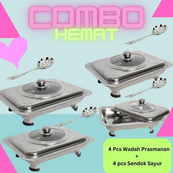 ready- cod set wadah prasmanan stainless steel isi 4 + sendok sayur 4 pcs wadah prasmanan