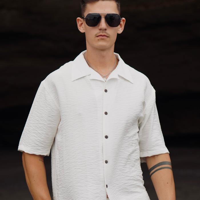 Kemeja Oversized Pria Linen Polo Premium Azura Series Shirt Baju Kemeja Pria Putih Hitam Polos