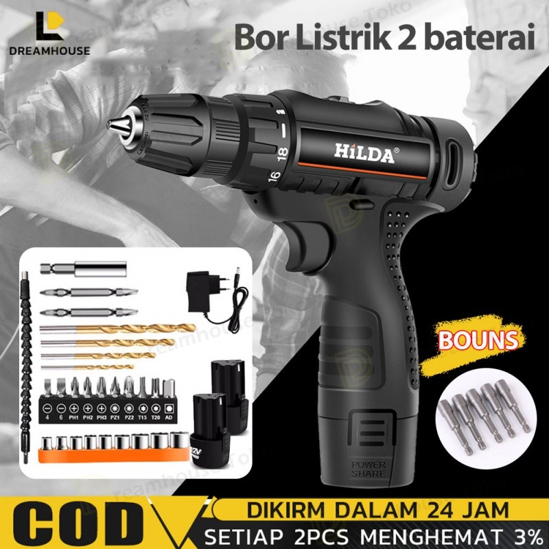 COD 10MM bor baterai cas komplit 12V Bor cas murah bor jld 35N.M Mesin Bor Baterai Tangan Cordless