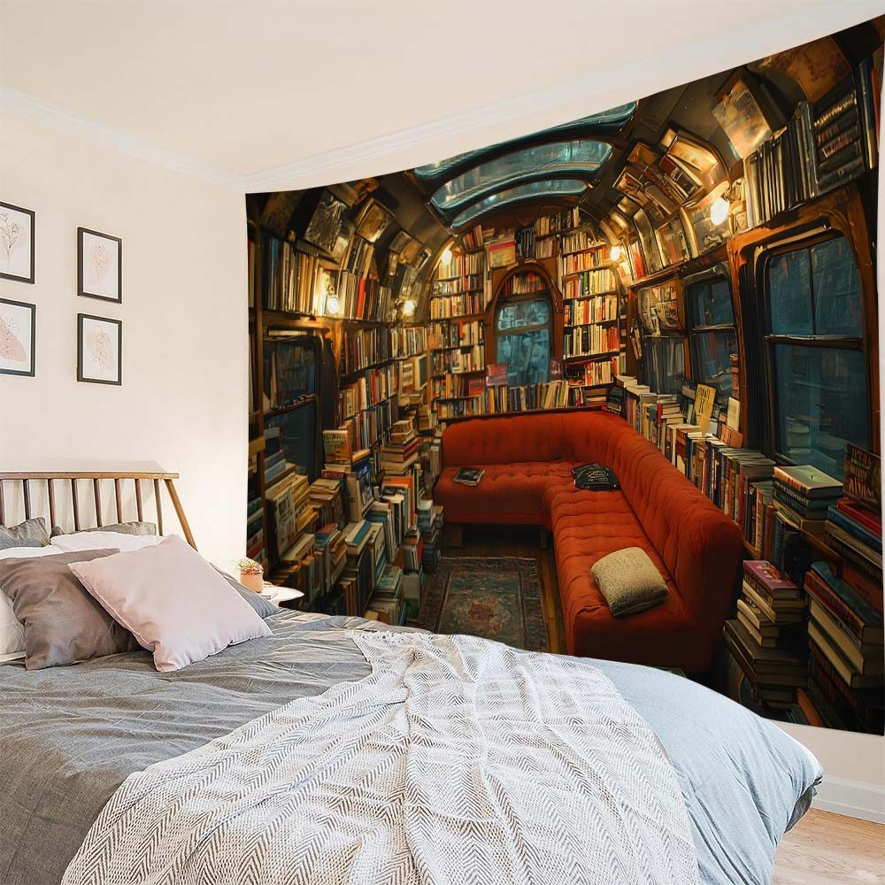 Vintage Landscape Tapestry Magic Forest Bookshelf Fabric Decoration Painting, Home Background