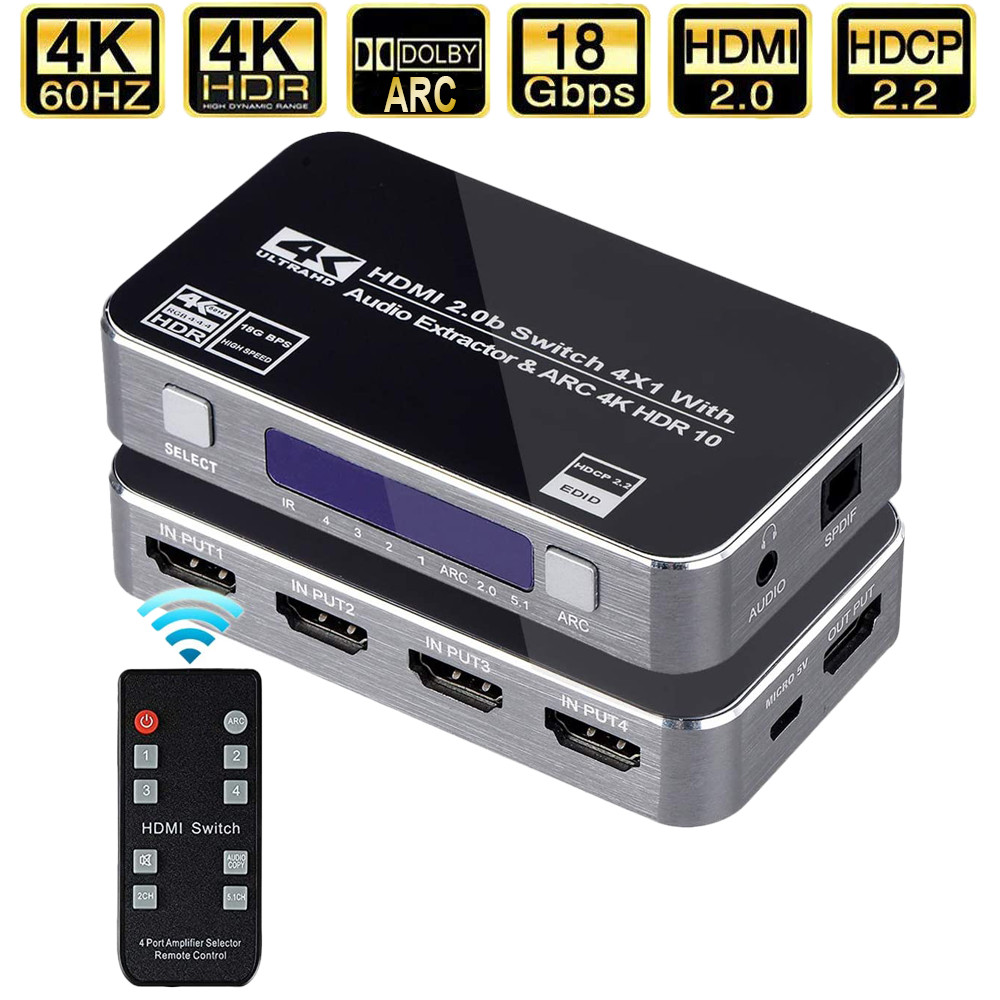 4K HDMI Switcher HDMI 2.0 Switch HDMI audio extractor HDR ARC splitter 4X1 with remote(HDMI in to