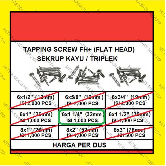 Sekrup Kayu Sekrup Tapping Screw Fh 6 X 1 1/4" (32 Mm) 1 Dus