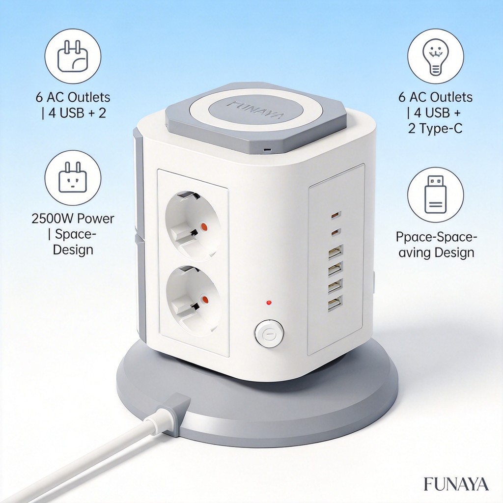 FUNAYA Multi Tower Power Strip Socket EU KR with USB-A USB C Ports AC Power Table Vertical Socket