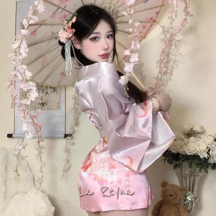 Lareyna Lingerie Kimono Yukata Satin Pendek Jepang Motif Bunga Modern Elegan LG286