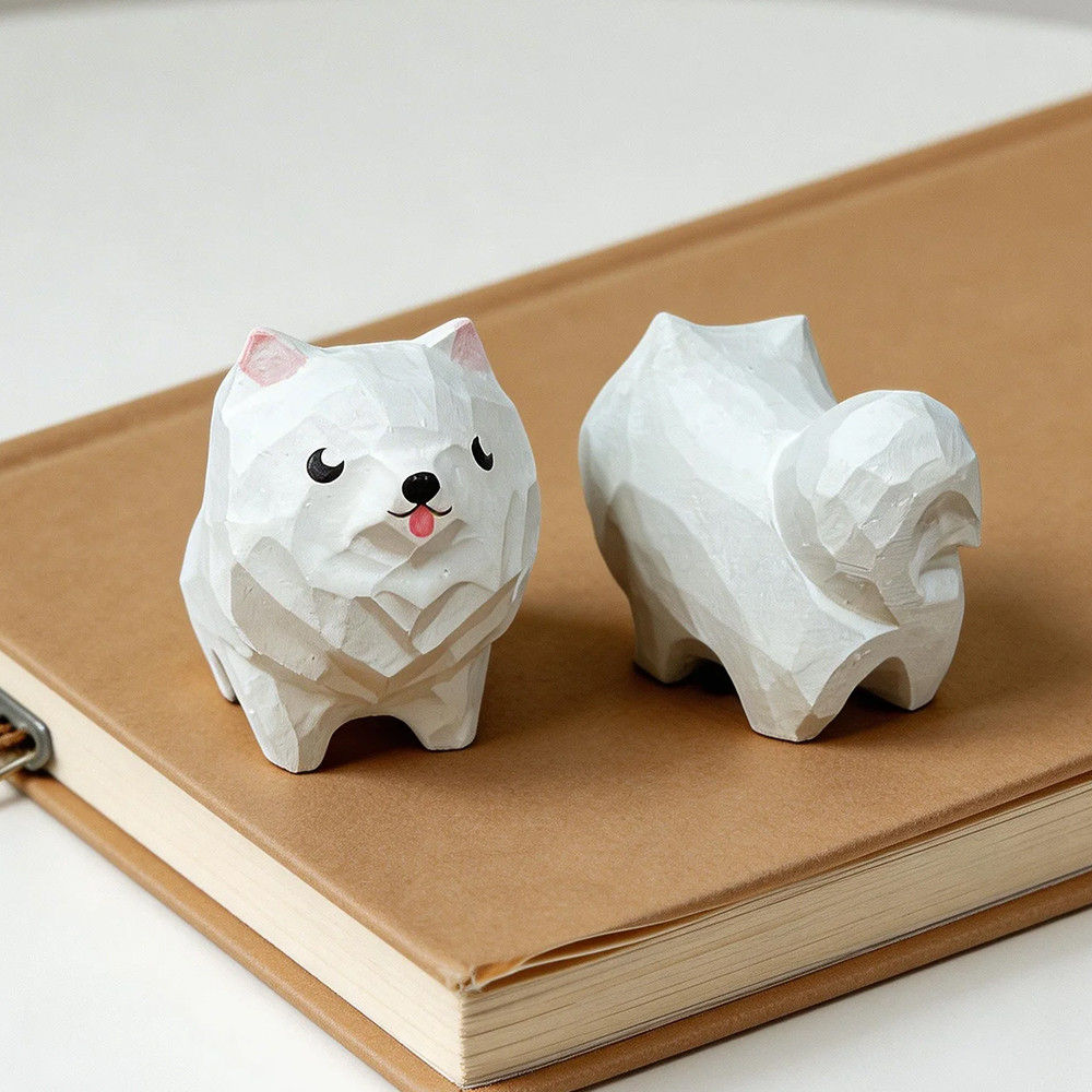 Hand Carved Decorative Wooden Samoyed Figurine Mini Cute Dog Puppy Statue Ornament Home Desk Wood