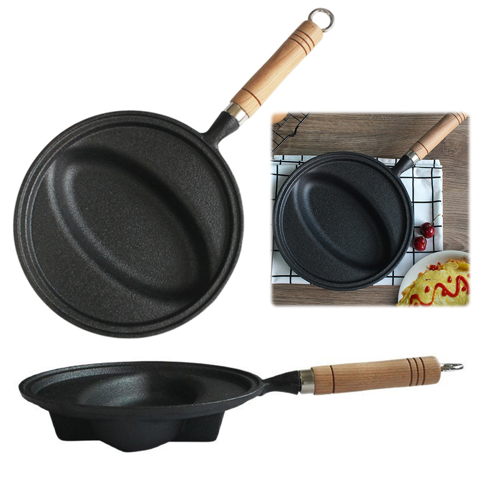 Iron Frying Pan with Wood Handle Pancake Skillet Pan Non-Stick Omelette Egg Pot for Homemade Omurice