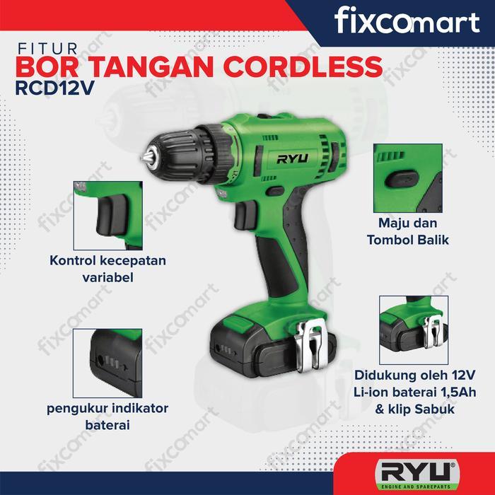 Ryu Mesin Bor Tangan Cordless Rcd 12V / Mesin Bor Baterai Portable 12 Volt