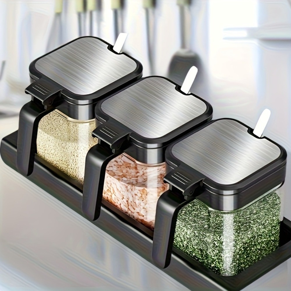 3pcs Glass Spice Jars with Spoon 10oz Glass Jars Spice Jar Set Seasoning Jars Organizer Storage