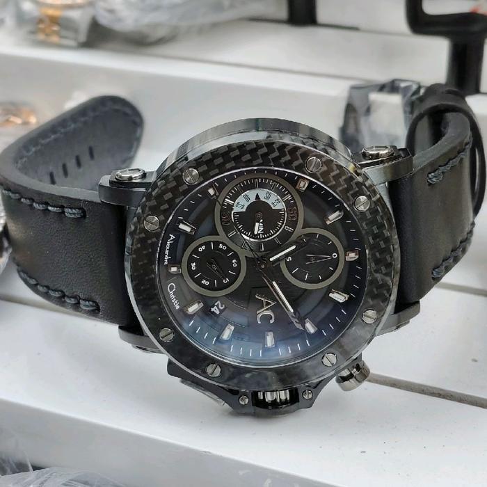AC 9205 Jam Tangan Pria Rantai Rubber Leather Alexandre Christie 9205 Chronograph - Hitam Carbon Kul