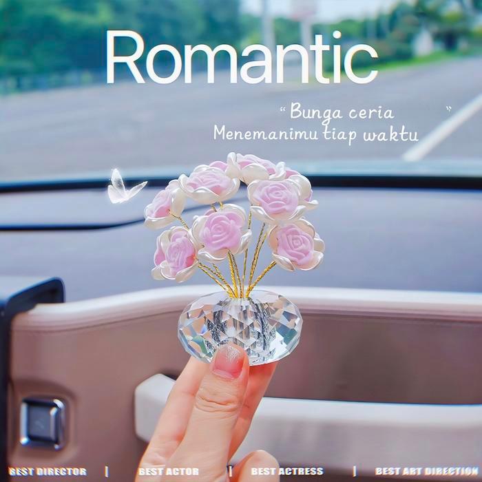 [ FREE 1 BOTOL PARFUM ] Pajangan Dashboard Bunga Kristal Mewah Hiasan Mobil Mawar Merah Elegan +