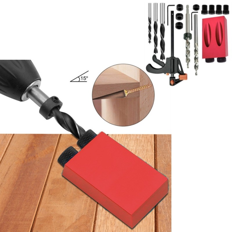 15 Degress Oblique Hole Locator Drill Guide Set Pocket Hole Jig Kit Drill Guide Set Puncher Locator 