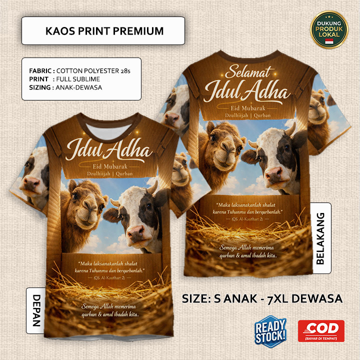 Kaos Idul Adha Hewan Qurban Sapi Kambing Domba Model 1 Full Printing Keren | Baju 3D Anak dan Dewasa