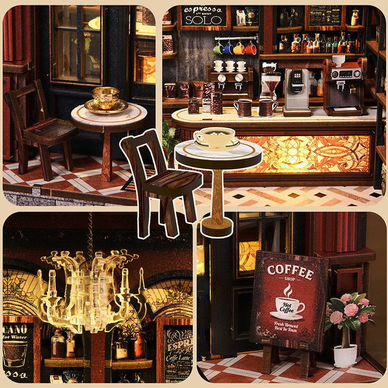Handmade Miniature Retro Cafe Dollhouse Kit with LED Light 3D Wooden Puzzle Coffee Shop Model