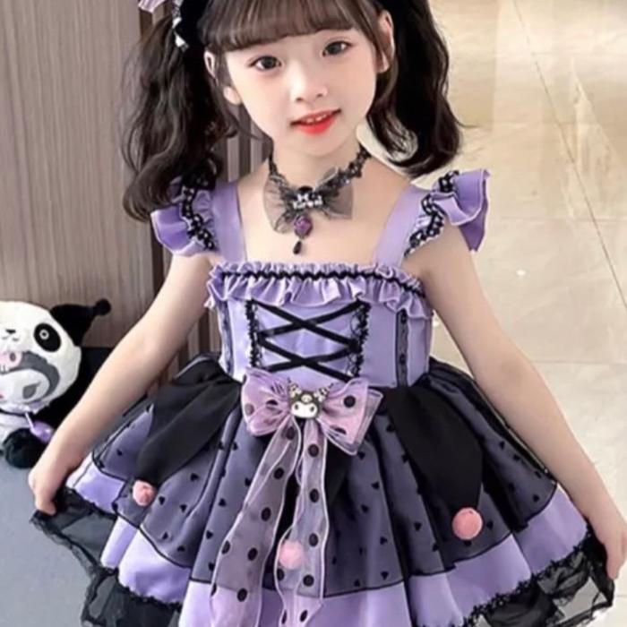 kostum kuromi anak/ kostum karakter/ dress kuromi/ cosplay kuromi anak/ aksesoris kuromi kalung