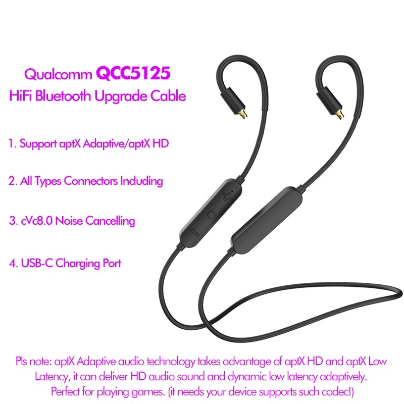 QCC5125 aptX HD Bluetooth Cable Upgrade MMCX for Shure SE215 Fiio FH3 AKG N40 2Pin for KZ ZST AS10