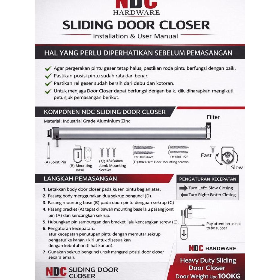 Penutup Pintu Otomatis Ndc Door Closer Hidrolik Pintu Geser 100Kg Heavy Duty Sliding Door Closer