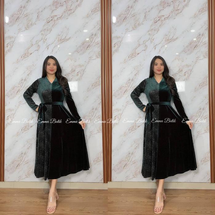 New Emma.Butik E00280 Dress Midi Pesta Velvet Lengan Panjang Formal Polos Gaun Gereja Mewah Cantik