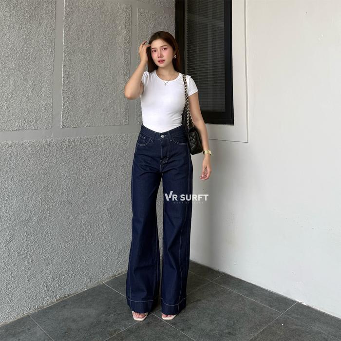Vr Surft - Highwaist Baggy Loose Jeans Lipat Besar Tulang Tidak Melar Celana Jeans Wanita Baggy