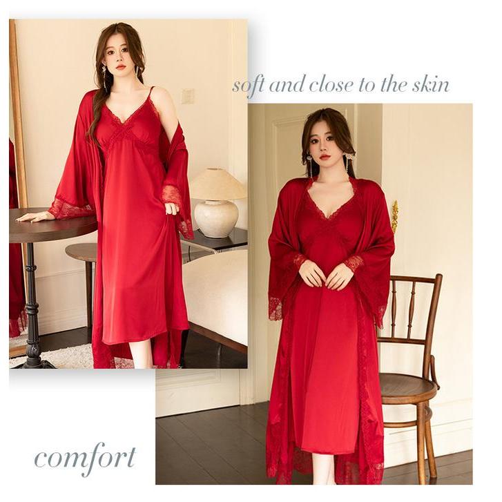 Diskon Bossexy-kimono set sutera wanita premium 8165-2 long dress/kimono set/baju tidur set Lingerie