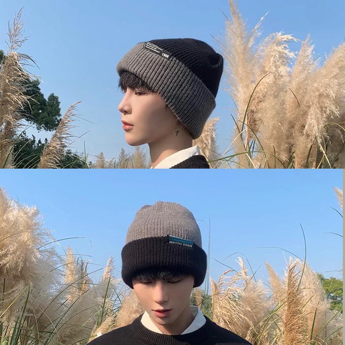 Topi Winter Double Side Knitted Beanie Hat Musim Dingin Kupluk Korean Style Unisex Pria Wanita