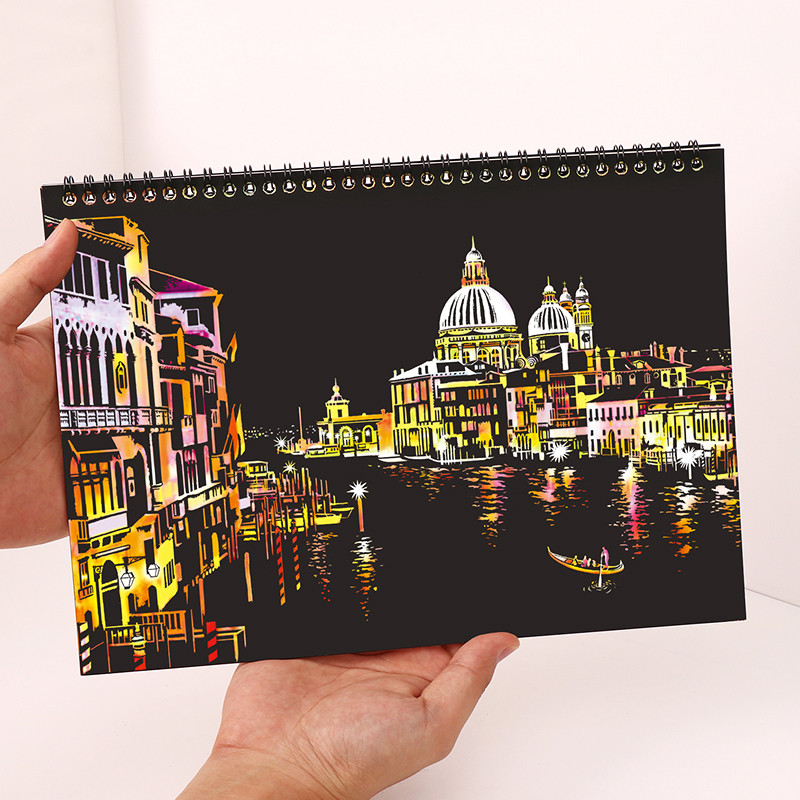Magic Scratch Art Book with Stylus 10 Sheets World Landmarks Night City Painting Toy Stress Relief