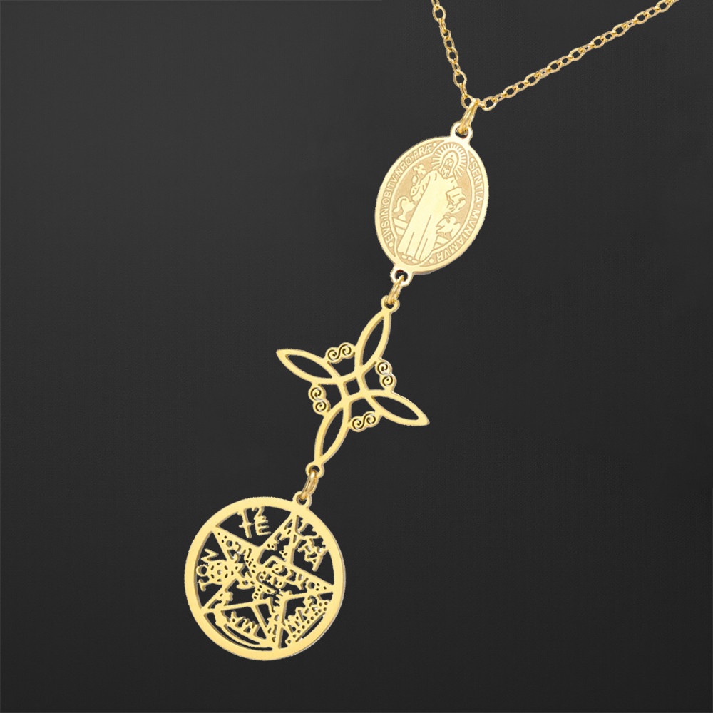 Triple Protection Necklace St. Benedict Witch Knot Pentagram Tetragrammaton Stainless Steel