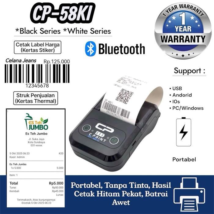 [ Bisa Cod ] Mobile Printer Bluetooth Thermal Receipt Ppob/Kasir 58Mm Cprint Cp-58Ki - Print Alamat