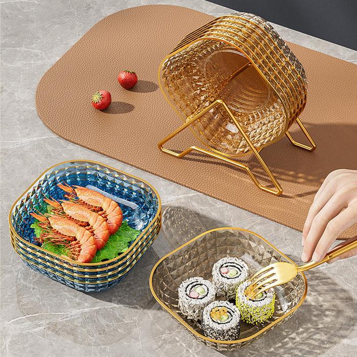 Ready Piring Plastik Cantik Set Piring Makanan Aesthetic Diamond Dan Tatakan Rak Gold 1 Set 6 Piring