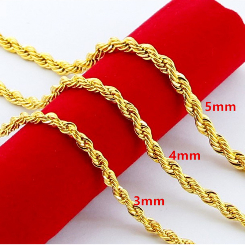 Kalung Emas 24 Karat 9999 Model Pilin 3/4/5mm, Rantai Emas Asli, Perhiasan Mewah Pria Wanita