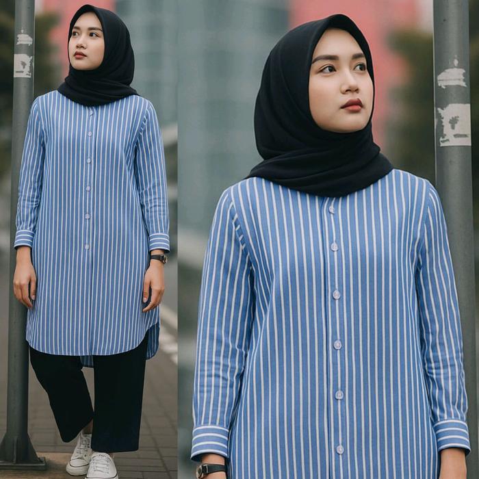 Poply Long Tunik Strip Atasan Tunik Panjang Muslim Remaja Wanita Katun Motif Salur Terlaris