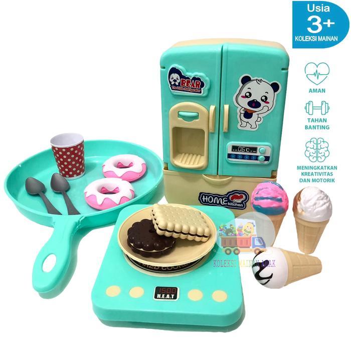 ` Mainan Edukasi Anak Perempuan Masak Masakan Kulkas Mini Es Krim Kitchen Set Kompor Panci Teflon