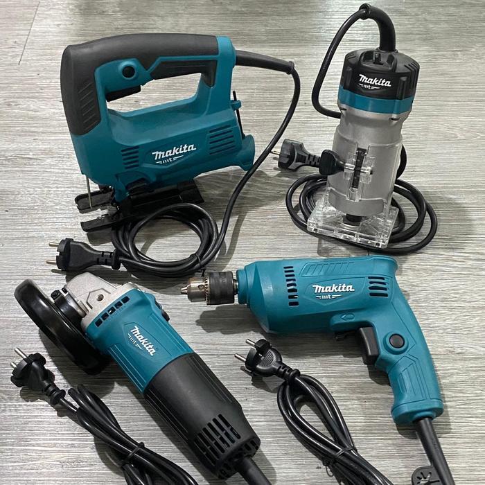 Makita Paket Tukang Kayu Lengkap Original Jigsaw, Gerinda 4 Inch, Mesin Router Inch, Bor Listrik 10m