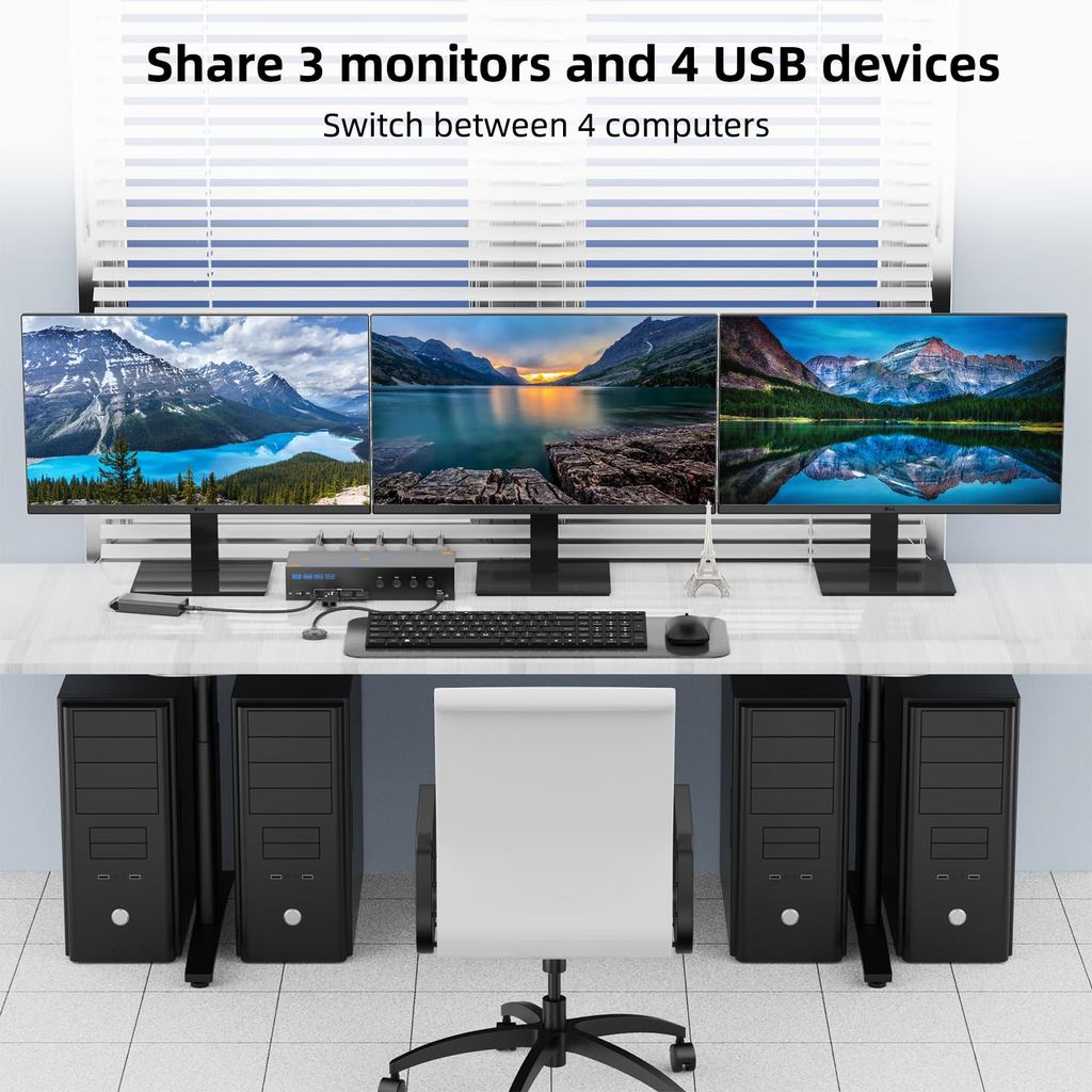 KVM Switch 1/3 Monitors 4 Computers 4K@60Hz,HDMI Displayport KVM Switch Triple Monitor for 4 PC