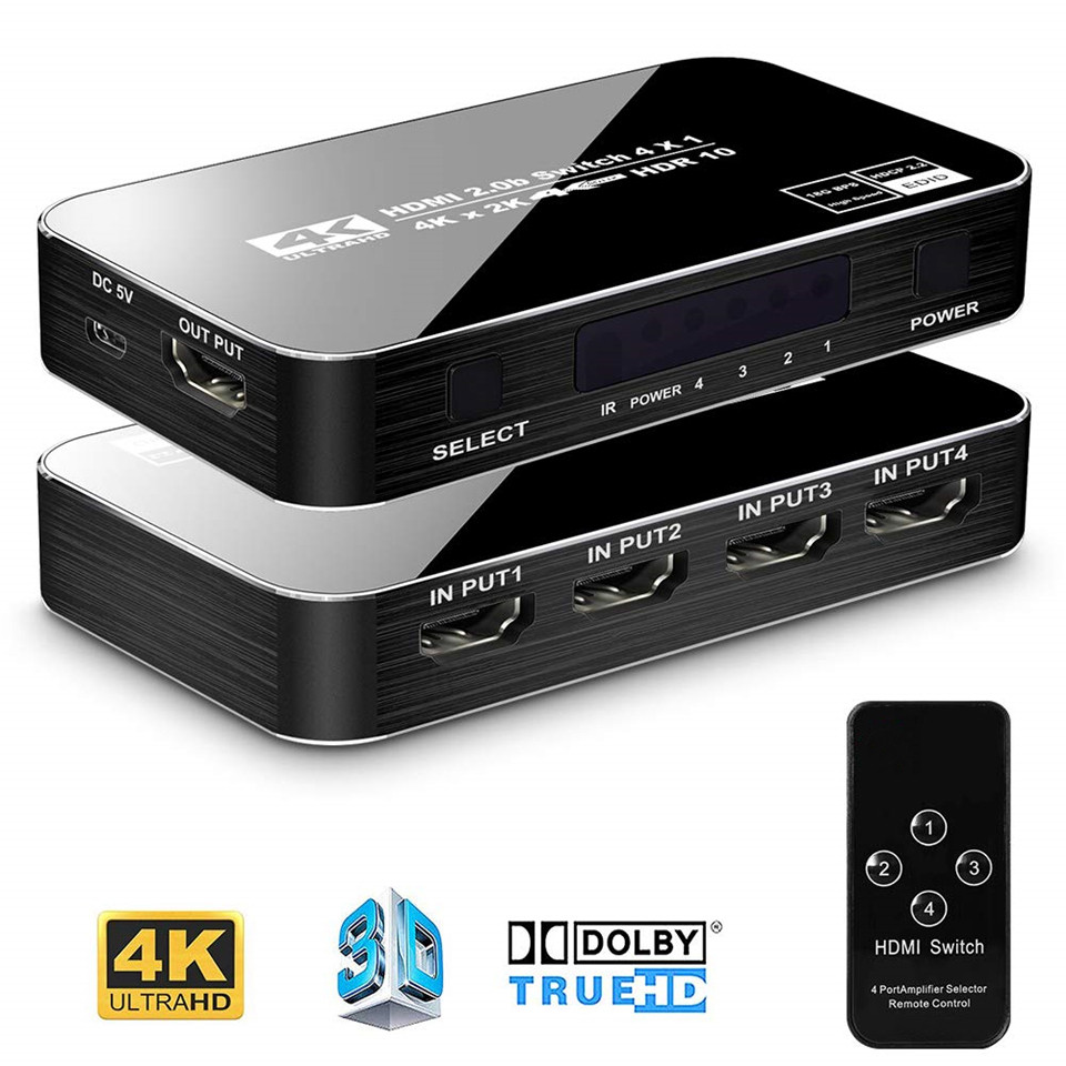 4K HDTV Splitter 4 In 1 Out 4 Port HD Switcher Selector HD Cable Supports Full HD 4K 1080P 3D Player