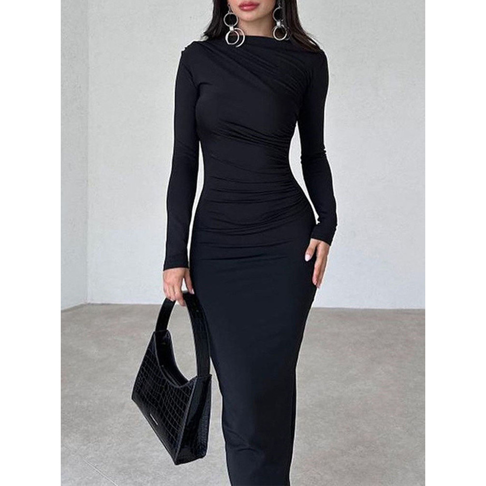 Gaun Panjang Hitam Polos Elegan Wanita Lengan Panjang Model Bodycon untuk Pesta Malam