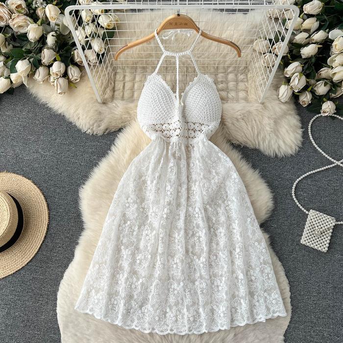 KOMPLIT AMORE white lace crochet halter neck mini dress woman premium / dress rajut wanita / korean