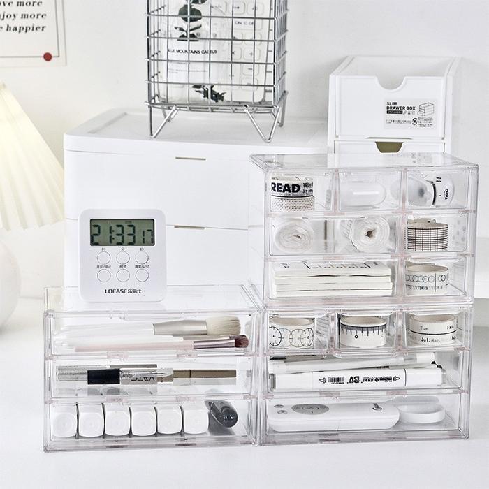 Transparant Desk Set Organizer Tempat Alat Tulis Kantor Rak Drawer ATK