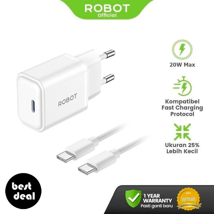 ASLI ROBOT RT-P20C 20W Kepala Charger Adaptor + USB-C to USB-C Cable Combo Smart Phone Charger Fast