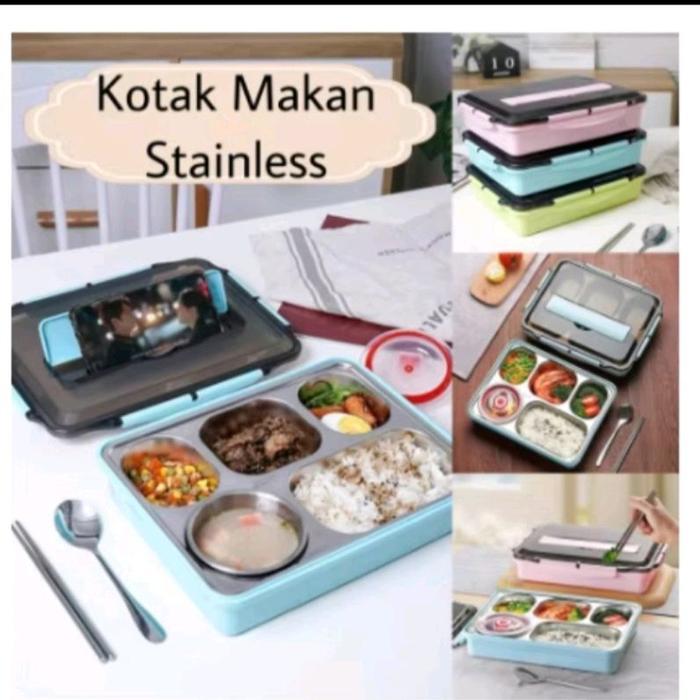Kotak makan lunch box 1500ml kotak bekal 4 sekat stainless & 1800 ml kotak bekal 5 sekat stainless