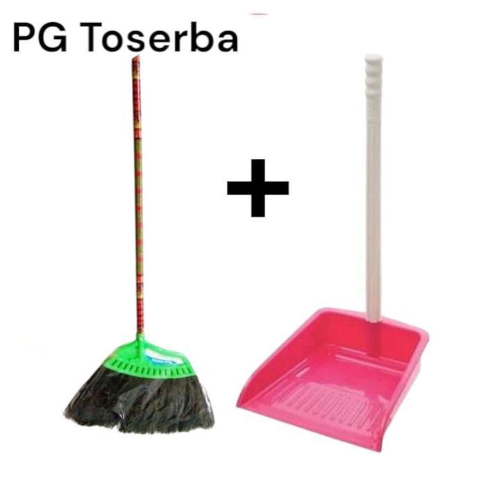 paket hemat sapu dan pengki sapu gagang kayu dan pengki plastik serokan sampah