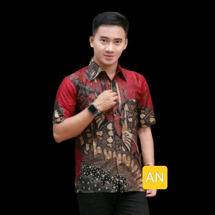 kemeja batik pria lengan pendek Baju Kain Motif Nyaman Keren Katun Mewah Seragam Tangan Hem Merah