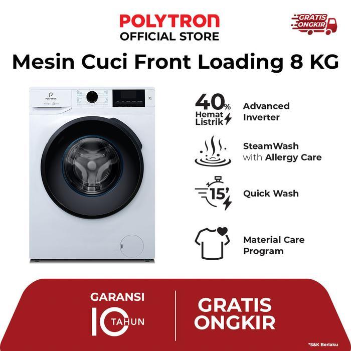 POLYTRON Mesin Cuci Front Load 8 KG Steam Inverter Low Watt Wonder Wash Series - PFL 8108