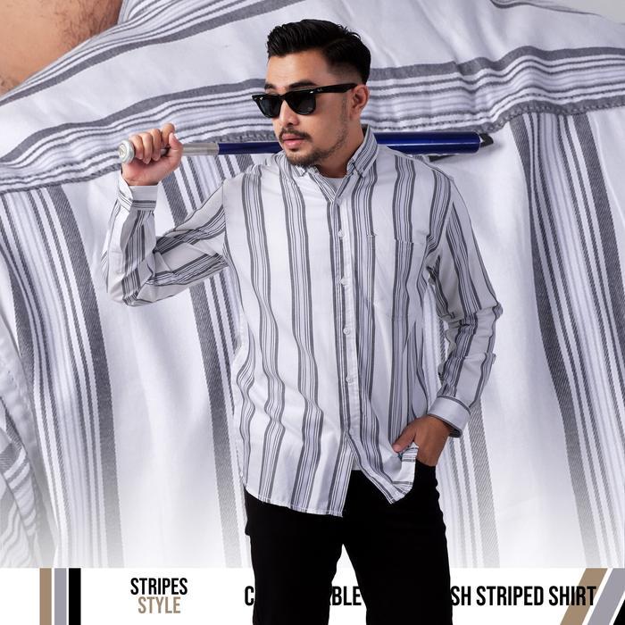 Dgm Kemeja Pria Salur Lengan Panjang Premium Kemeja Stripe Pria Kemeja Garis Pria Slimfit Garis Abu