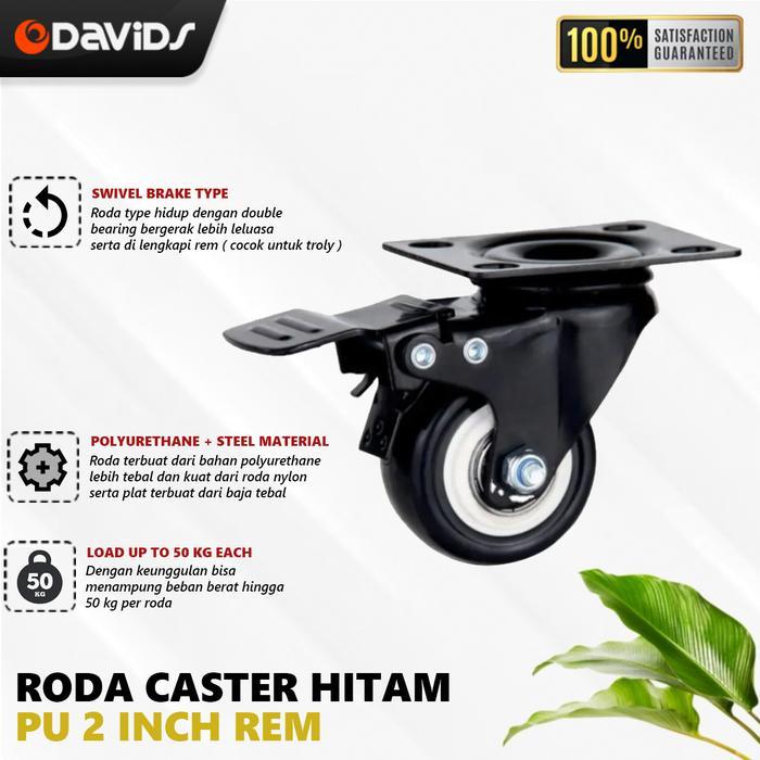 Roda Troli Caster Meja Ban Lemari Trolley Hitam PU 2 Inch Hidup Rem