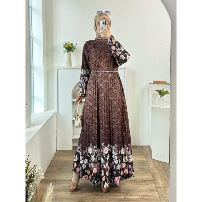 Gamis Plisket Motif Printing Terbaru Bunga Floral Pasti Ori
