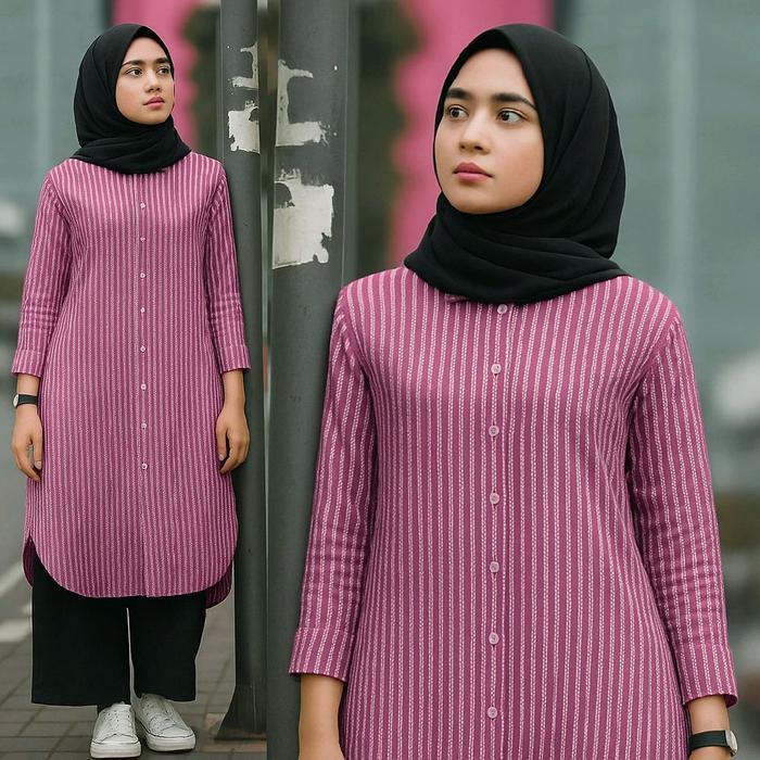 Poply Long Tunik Strip Atasan Tunik Panjang Muslim Remaja Wanita Katun Motif Salur Pasti Promo