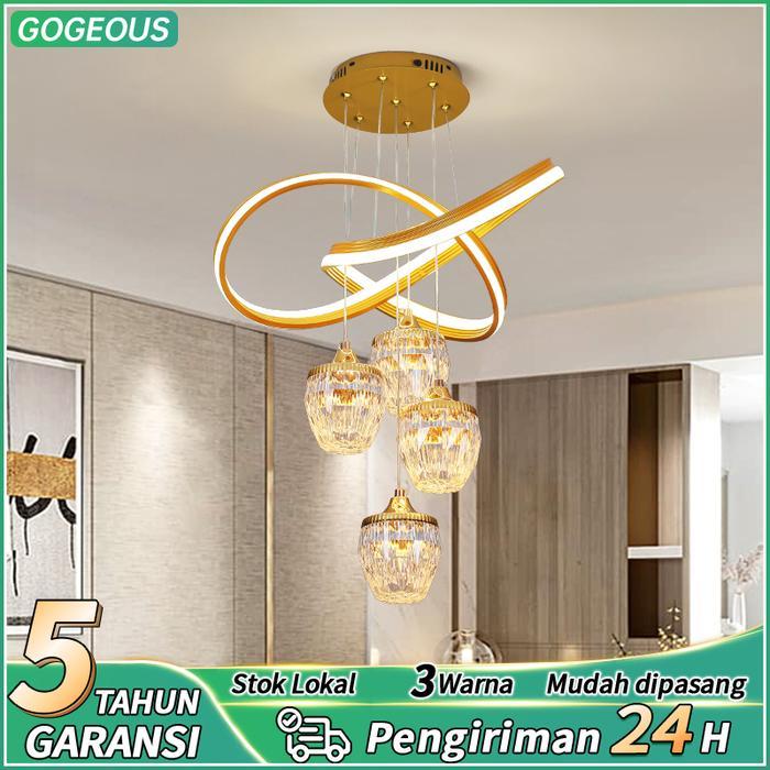 Lampu Gantung Kristal Emas Kontrol 3 Warna 72W Lampu Gantung Ruang Tamu Hias