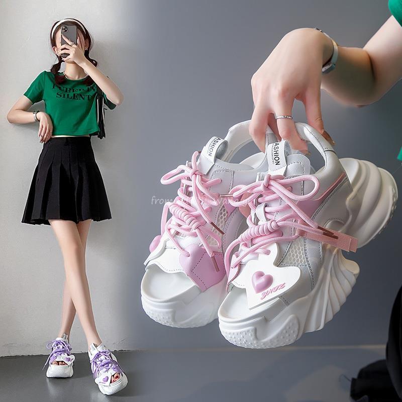 Summer Kawaii Women Sneakers Mesh High Platform Trainers White Shoes Heels Wedges Sandals Breathable